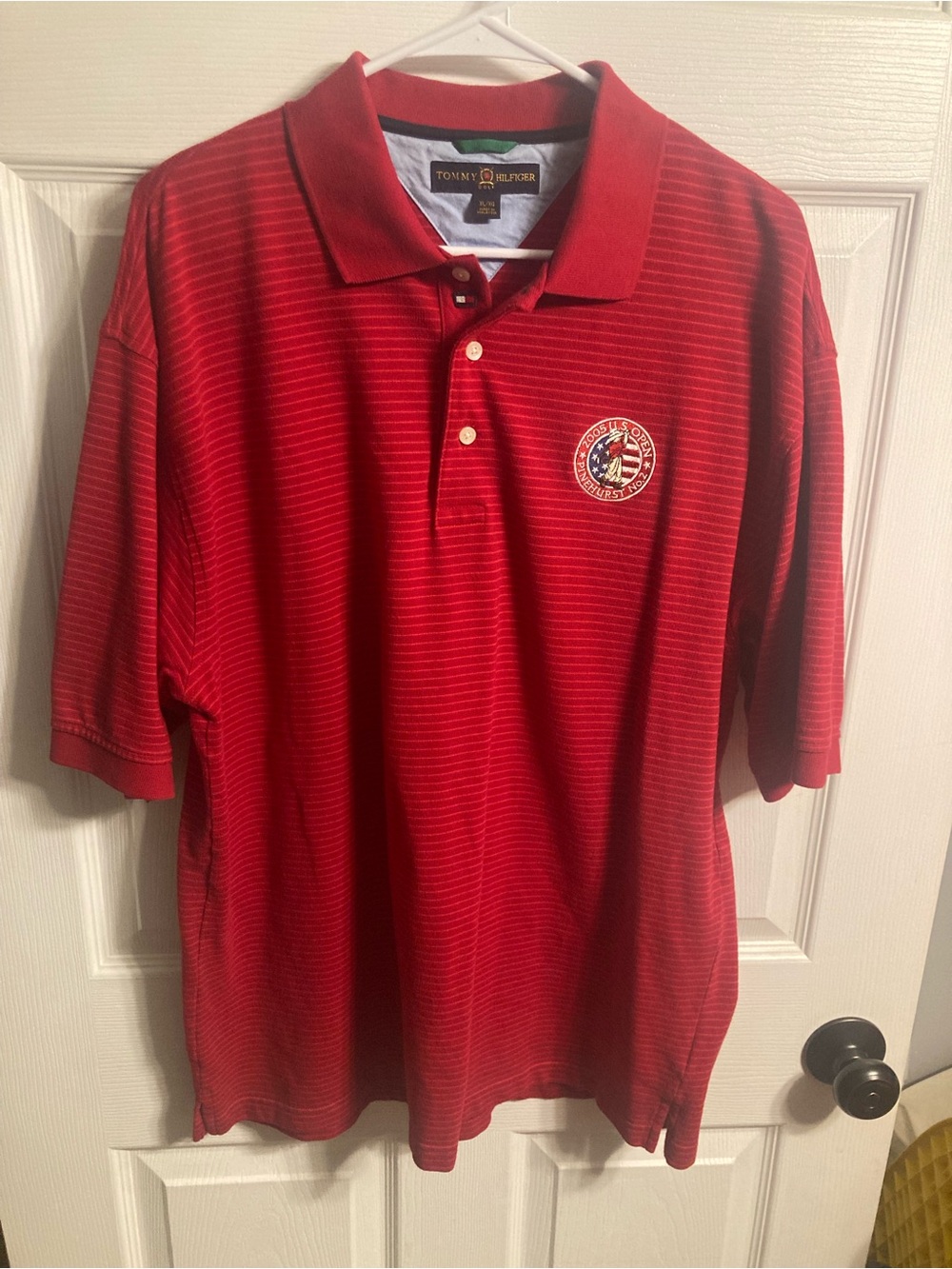 Tommy Hilfiger Vintage Red Striped Polo with Embroidered US Open golf Patch